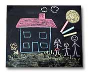A chalk board with a child's drawing of a happy family